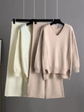 Momentlover Urban Loose Solid Color V-Neck Sweater Tops& Wide Leg  Pants Suits