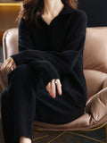 Momentlover Solid Color Polo Long Sleeves Loose Sweater Top + Pants Bottom Two Pieces Set