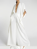 Momentlover Loose Half Sleeves Solid Color Deep V-Neck Jumpsuits