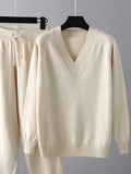 Momentlover Casual Loose Harem Pants Solid Color V-Neck Sweater Tops Pants Two Pieces Set