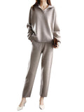 Momentlover Solid Color Polo Long Sleeves Loose Sweater Top + Pants Bottom Two Pieces Set