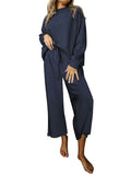 Momentlover Solid Color Long Sleeves Loose Round-Neck Shirts Top + Drawstring Pants Bottom Two Pieces Set