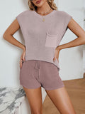Momentlover Loose Solid Color Knitting Short Sleeves T-Shirt + Shorts Two Pieces Set