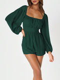 Momentlover Tied Solid Color Elasticity Backless Puff Sleeves Loose Square-Neck Rompers