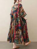 Momentlover Vintage Loose Abstract Printed Pleated Round-Neck Half Sleeves Midi Dress