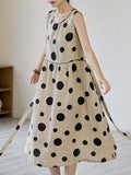 Momentlover Tied Waist Split-Joint Polka-Dot Pleated Contrast Color Sleeveless Loose Round-Neck Midi Dresses