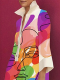 Momentlover Loose Three-Quarter Sleeves Buttoned Contrast Color Figure Printed Lapel Collar Mini Dresses