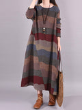 Momentlover Artistic Retro Loose Ramie Cotton Striped Multi-Colored Round-Neck Long Sleeves Midi Dress