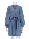 Momentlover Long Sleeves Loose Split-Joint Tied Waist V-Neck Denim Mini Dresses