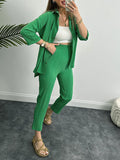 Momentlover Solid Color Split-Side Lapel High-Low Buttoned Blouses Top+ High Waisted Elasticity Pants Two Pieces Set