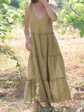 Momentlover Solid Color Sleeveless Loose V-Neck Midi Dresses