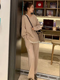 Momentlover Casual Loose Solid Color Round-Neck Sweater Tops & Wide Leg Pants Suits