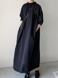 Momentlover Simple Solid Color Stand Collar Loose Half Sleeve Shirt Dress
