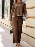 Momentlover Split-Side High-Low Long Sleeves Contrast Color Round-Neck Sweater Top + Pants Bottom Two Pieces Set