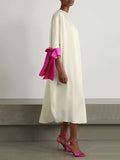 Momentlover Loose Seven-Quarter Sleeves Contrast Color Round-Neck Midi Dresses