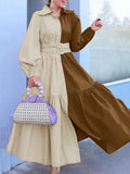 Momentlover Loose Puff Sleeves Contrast Color Pleated Split-Joint Tied Waist Lapel Midi Dresses