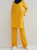 Momentlover Solid Color Long Sleeves Pockets Split-Side Round-Neck Shirts Top + Pants Bottom Two Pieces Set