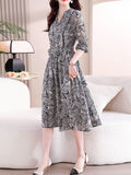 Momentlover Tied Waist Flower Print Elasticity Plus Size Loose V-neck Midi Dresses