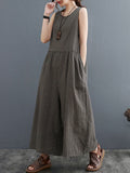 Momentlover Split-Joint Plaid Sleeveless Loose Round-neck Jumpsuits