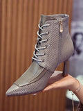Momentlover Split-Joint Snake Shape Pointed-Toe Lace-Up Pumps Boots