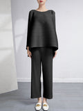 Momentlover Loose Pleated Solid Color High-Low Round-Neck T-Shirts  + Pants Two Pieces Set