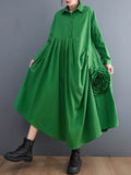 Momentlover Urban Floral Applique Pleated Long Sleeves Shirt Dress Midi Dress