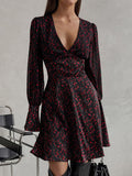Momentlover Zipper Flower Print Long Sleeves High Waisted Deep V-Neck Mini Dresses