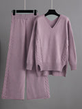 Momentlover Stylish Loose Long Sleeves Solid Color V-Neck Sweater Tops& Wide Leg Pants Two Pieces Set