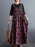 Momentlover Artistic Retro Ramie Cotton Loose 3 Colors Floral Printed Square-Neck Sleeveless Strap Dress
