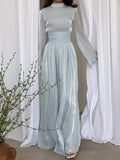 Momentlover Wrap Bandage High-Waisted Pleated Solid Color Zipper High-Neck Maxi Dresses