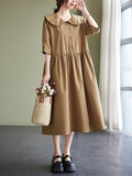 Momentlover Original Loose Solid Color Buttoned Pleated Midi Dress