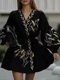 Momentlover Tied Waist Embroidered Puff Sleeves Loose V-Neck Mini Dresses