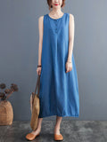 Momentlover Simple Denim Blue Round-Neck Buttoned Sleeveless Midi Dress