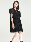 Momentlover Urban Puff Sleeves Split-Joint Black Pleated Mini Dress