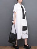 Momentlover Original Loose Short Sleeves Buttoned Contrast Color Printed Midi Dresses