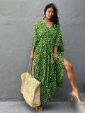 Momentlover Green Leopard V-Neck Split-Side Batwing Sleeves Maxi Dress