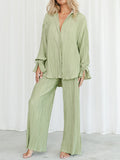 Momentlover Drawstring Pleated Flared Sleeves Long Sleeves Buttoned Solid Color Split-Side Lapel Shirts Top + Pants Bottom Pajama Sets