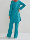 Momentlover Solid Color Long Sleeves Pockets Split-Side Round-Neck Shirts Top + Pants Bottom Two Pieces Set