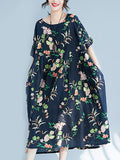 Momentlover Flower Print Short Sleeves Loose Round-Neck Midi Dresses