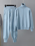 Momentlover Casual Solid Long Sleeves High-Neck Sweater Tops & Drawstring Wide Leg Pants Suits