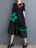 Momentlover Split-Joint Floral Printed Short Sleeves Loose Round-neck Midi Dresses