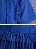 Momentlover Simple Short Sleeves Loose Buttoned Falbala Split-Joint Solid Color Midi Shirt Dress