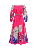 Momentlover Off-The-Shoulder A-Line Elasticity Flower Print Pleated Shirts Top + High Waisted Skirts Bottom Two Pieces Set