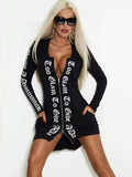Momentlover Letter Print Zipper Long Sleeves Mini Dress