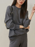 Momentlover Urban Loose Solid Round-Neck Vest Top& V-Neck Sweater Tops& Wide Leg Pants Three-Piece Set