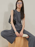 Momentlover Urban Loose Solid Round-Neck Vest Top& V-Neck Sweater Tops& Wide Leg Pants Three-Piece Set