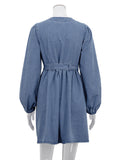 Momentlover Long Sleeves Loose Split-Joint Tied Waist V-Neck Denim Mini Dresses