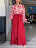 Momentlover Printed Long Sleeves Buttoned Lapel Blouse + Tied Waist Wide Leg Pants Two Pieces Set