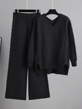 Momentlover Stylish Loose Long Sleeves Solid Color V-Neck Sweater Tops& Wide Leg Pants Two Pieces Set