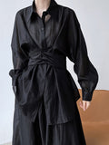 Momentlover Solid Color Long Sleeves Tied Waist Blouse + Loose Elasticity Waist Skirt Two Pieces Set